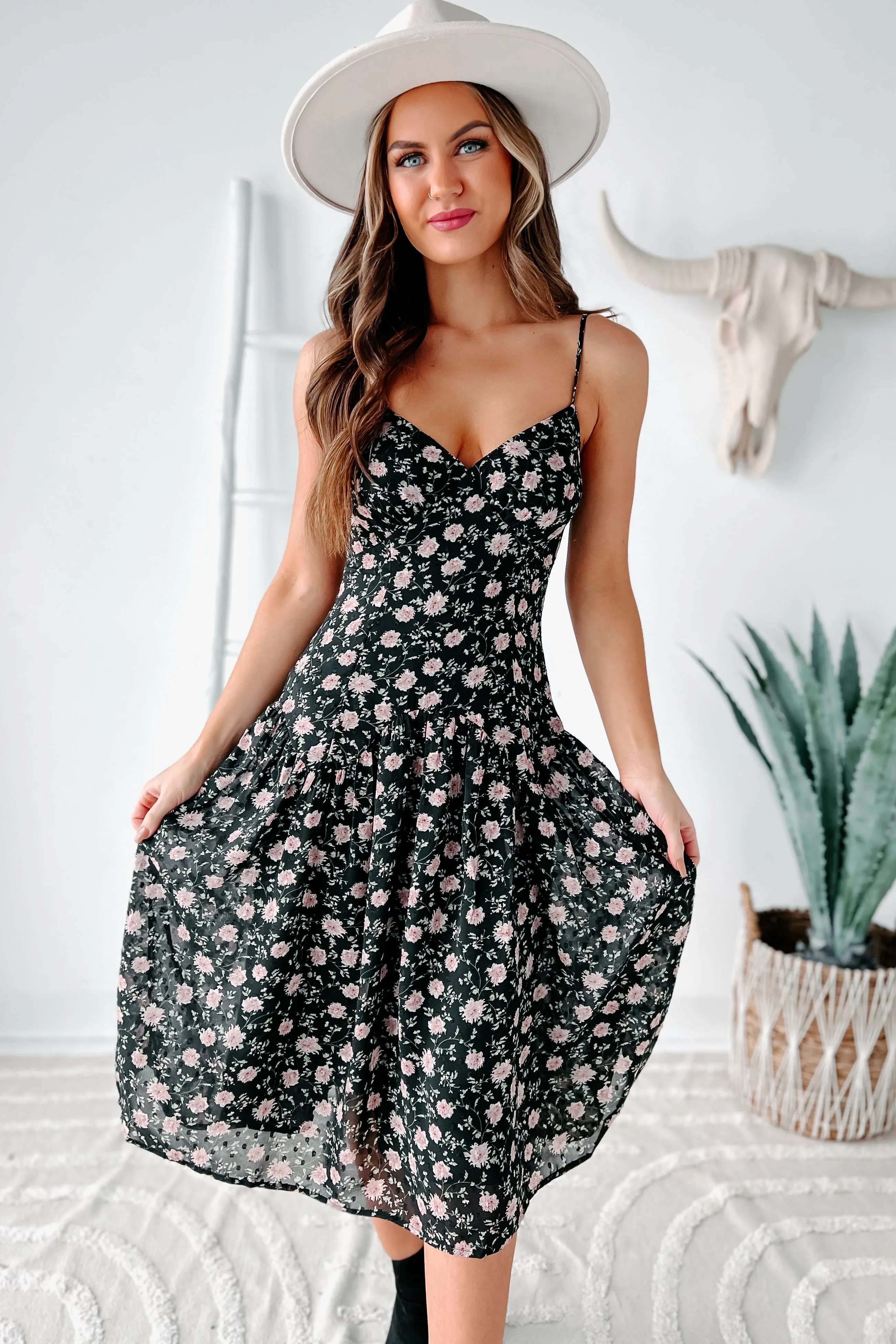 Addicted To You Floral Midi Dress (Black Floral)