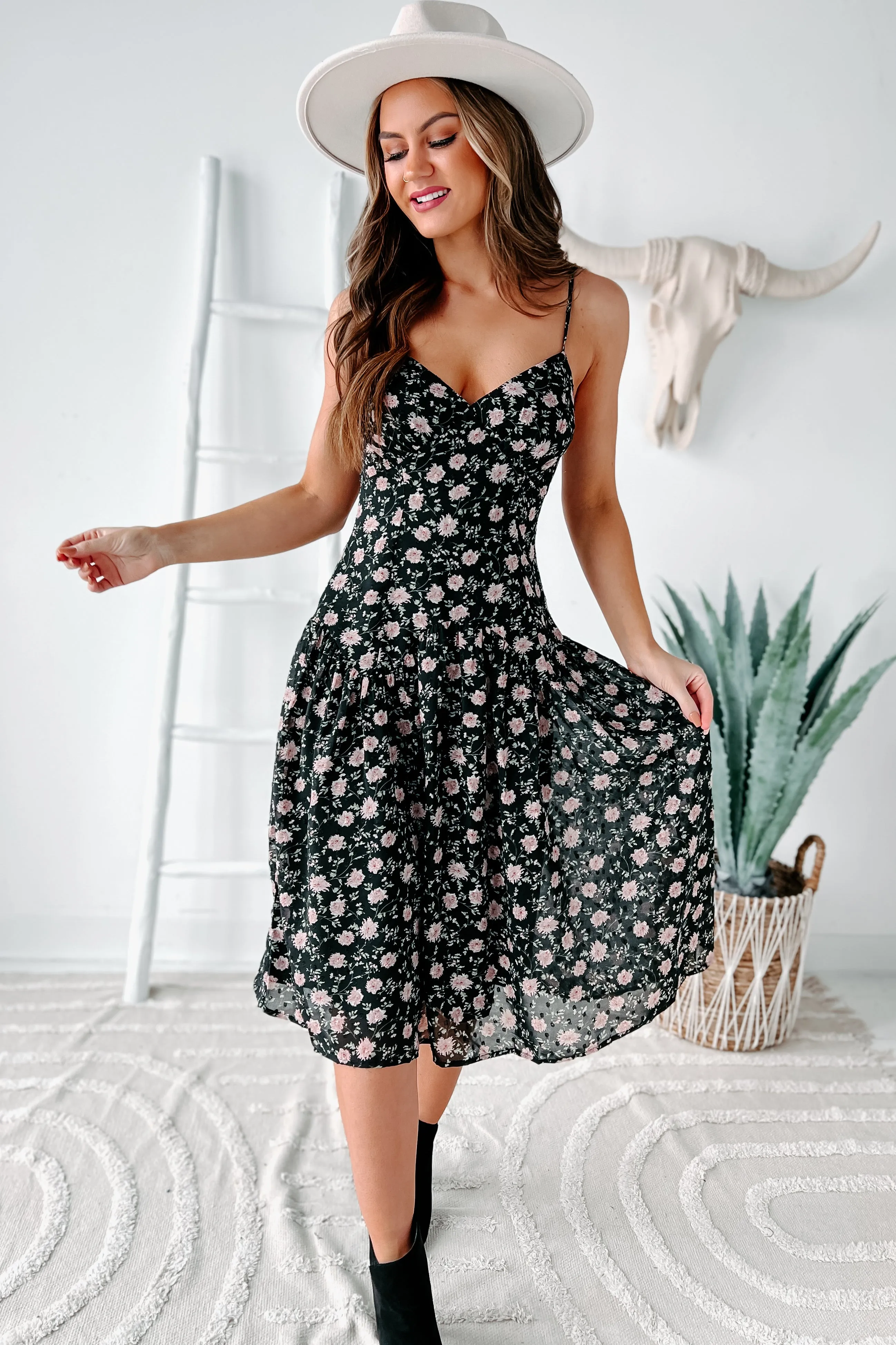 Addicted To You Floral Midi Dress (Black Floral)