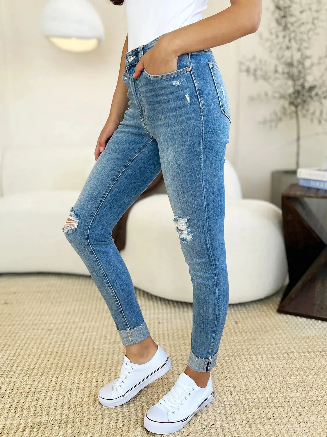 Aldith Judy Blue Size Inclusive Mid Rise Destroy & Cuff Skinny Jeans