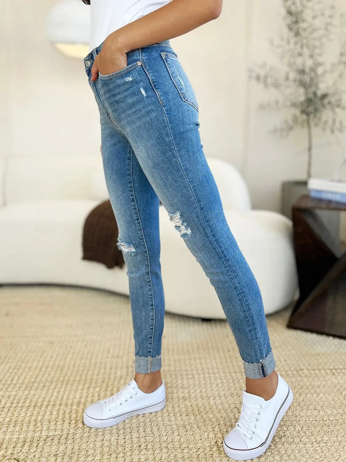 Aldith Judy Blue Size Inclusive Mid Rise Destroy & Cuff Skinny Jeans