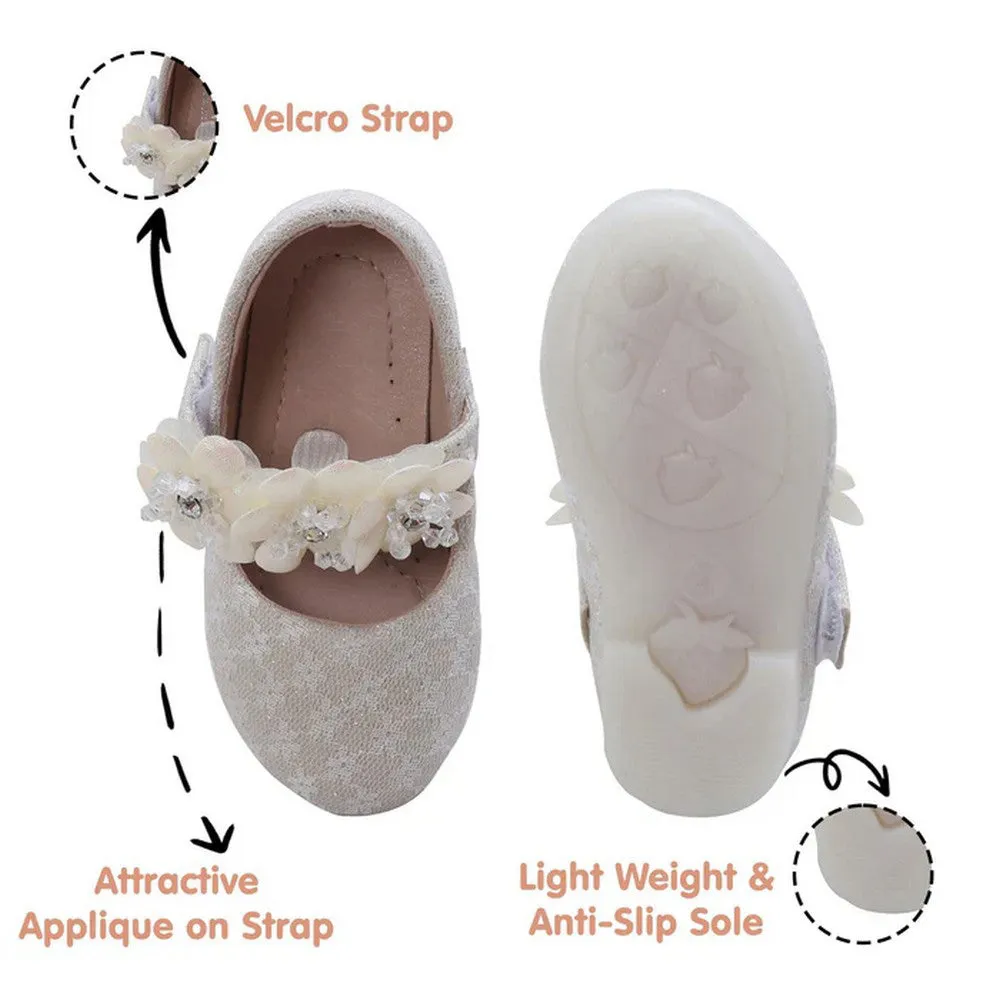 Beige Embellished Velcro Closure Ballerina