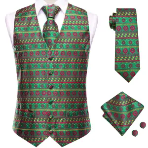 Christmas Green Novelty Men's Vest Hanky Cufflinks Tie Set