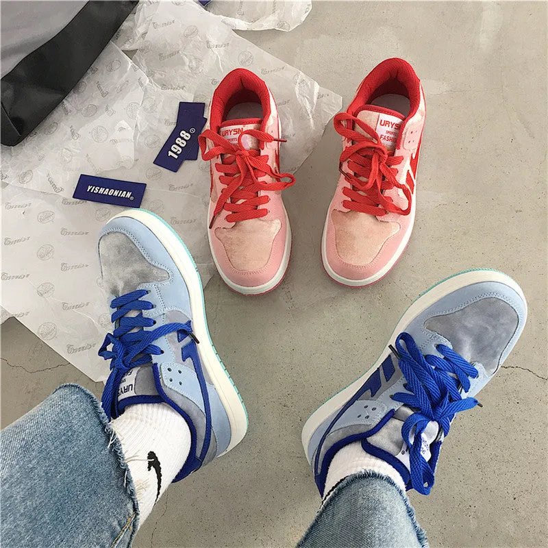 Cute Pink Blue Velour Retro Japanese Sneakers Shoe