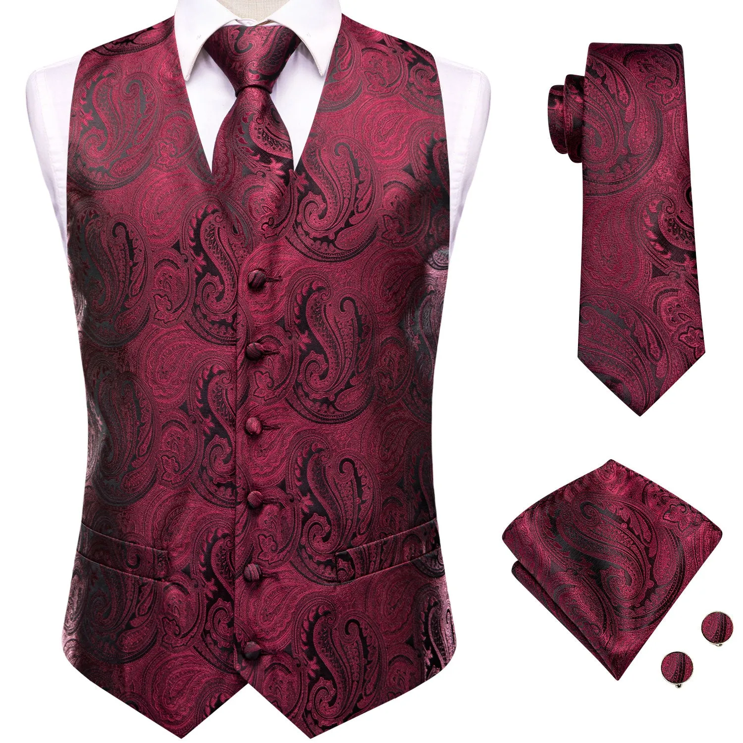 Deep Red Paisley Men's Vest Hanky Cufflinks Tie Set