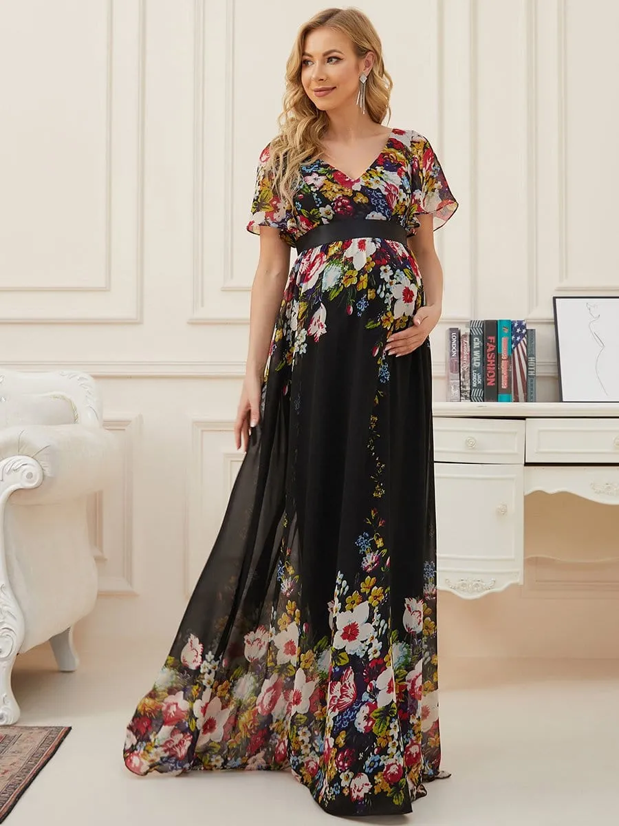 Floral Print V-Neck Short Sleeve Ruffle Bump Friendly Dress