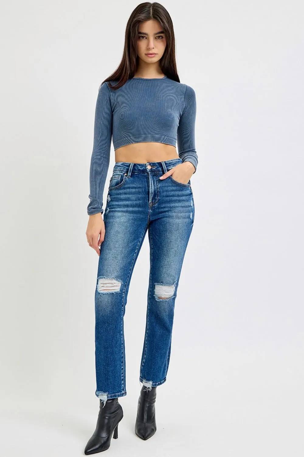 Full Size High Rise Distressed Crop Straight Jeans