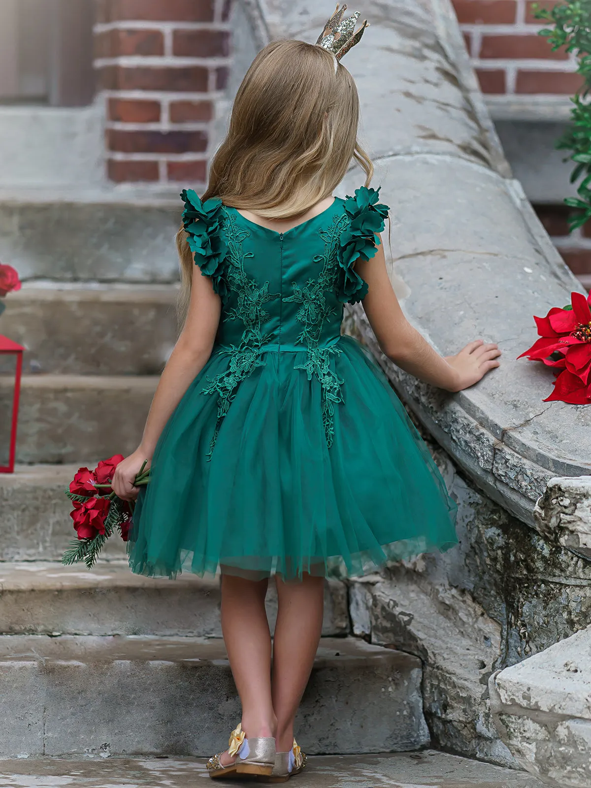 Girls Flower Petal Shoulder Embroidered Bodice Waterfall Holiday Dress