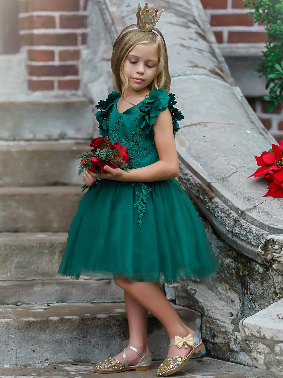 Girls Flower Petal Shoulder Embroidered Bodice Waterfall Holiday Dress