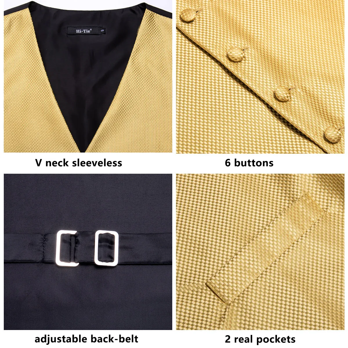 Golden Plaid Silk Men's Vest Hanky Cufflinks Tie Set Waistcoat Suit Set