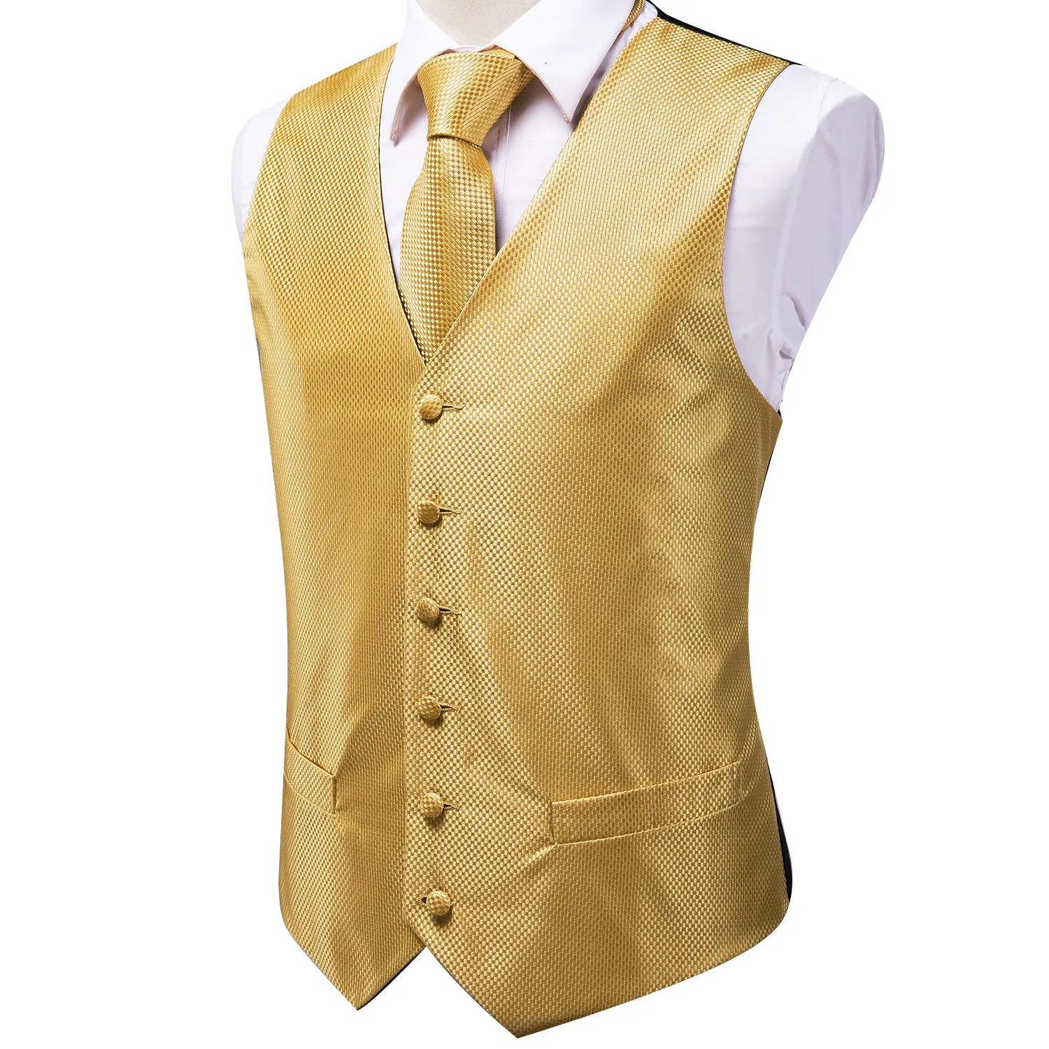 Golden Plaid Silk Men's Vest Hanky Cufflinks Tie Set Waistcoat Suit Set