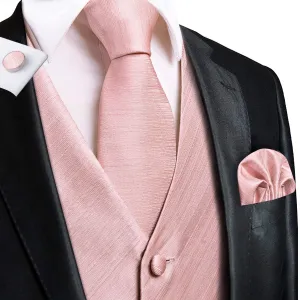 Hi-Tie Baby Pink Men's Vest Hanky Cufflinks Tie Set Waistcoat Suit Set