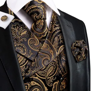 Hi-Tie Black Brown Paisley Silk Men's Vest Hanky Cufflinks Tie Set