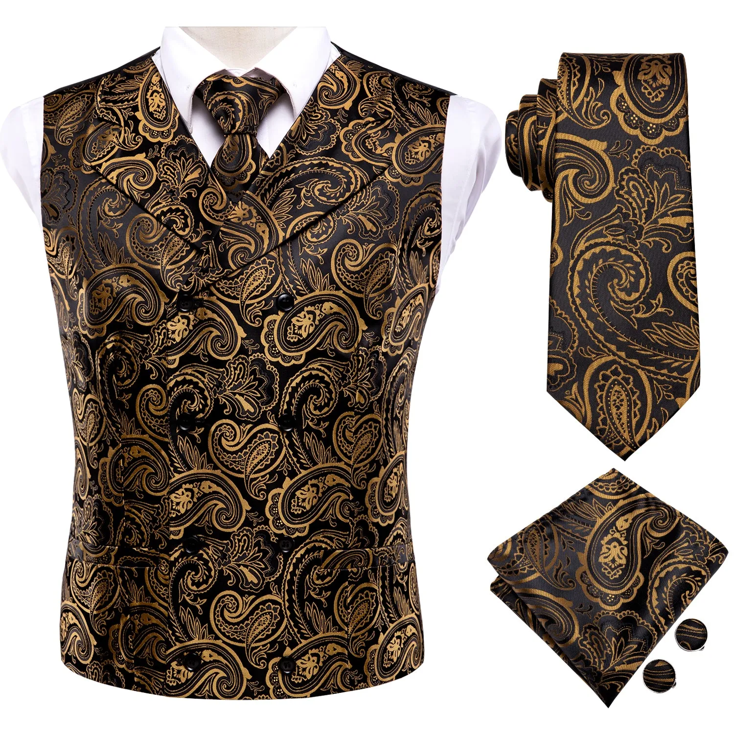 Hi-Tie Black Brown Paisley Silk Men's Vest Hanky Cufflinks Tie Set