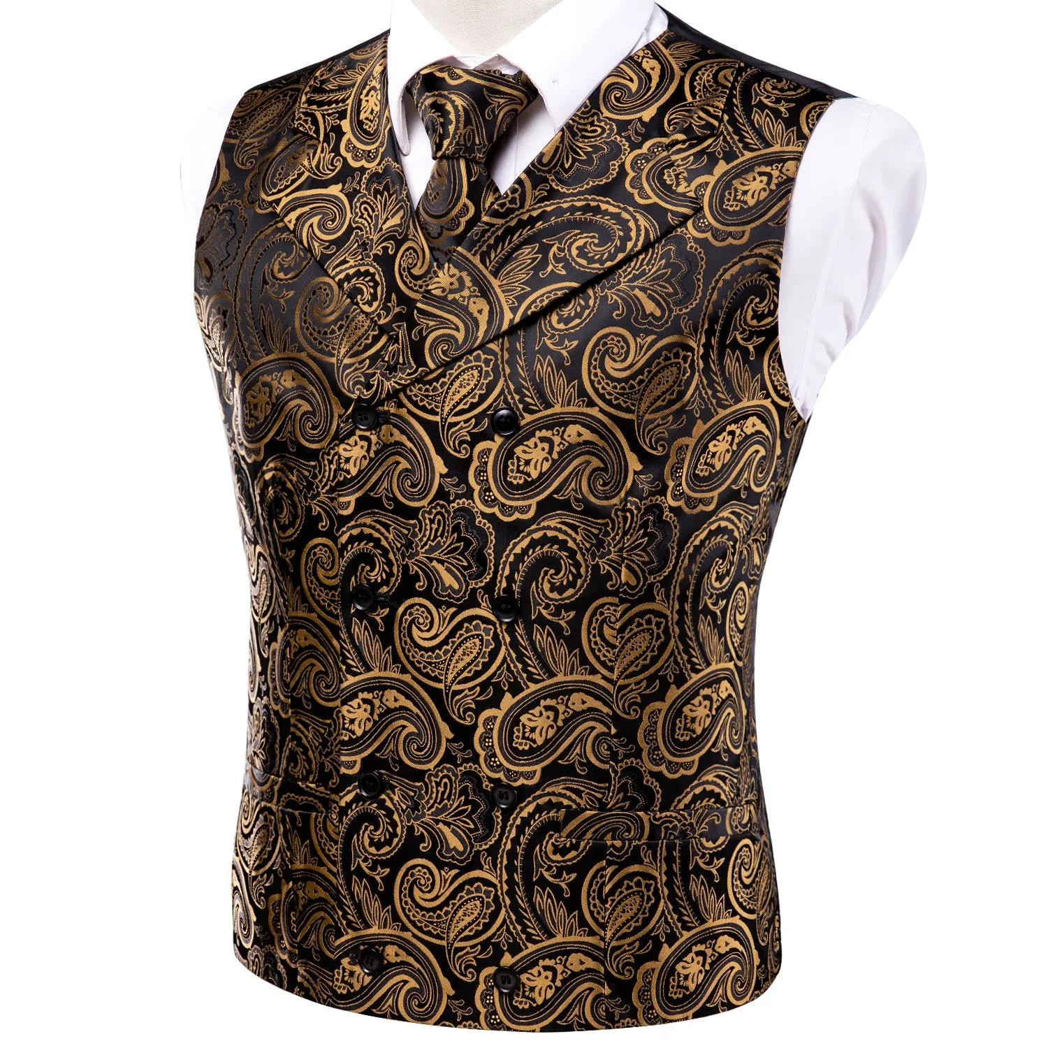 Hi-Tie Black Brown Paisley Silk Men's Vest Hanky Cufflinks Tie Set