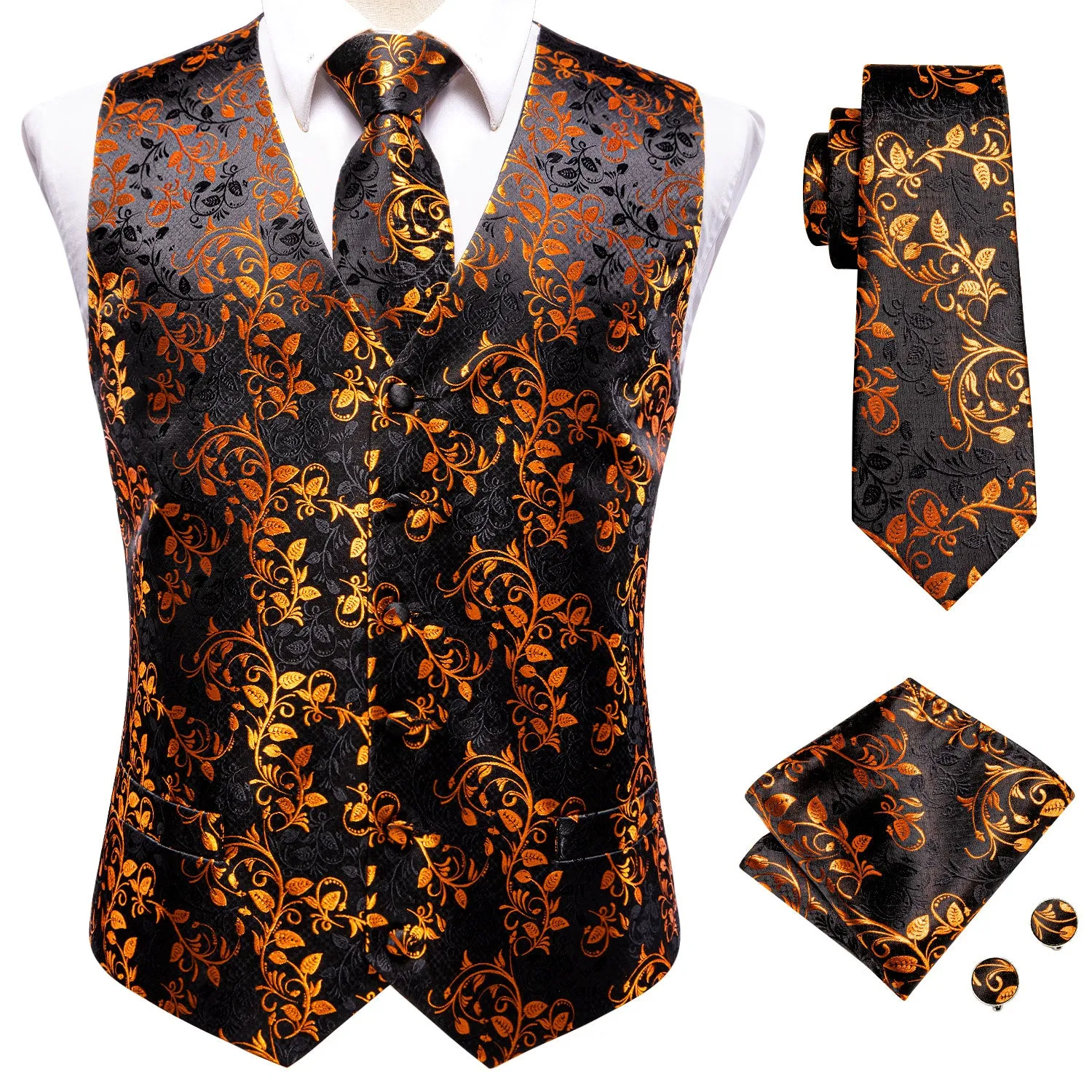 Hi-Tie Black Golden Leaves Silk Men's Vest Hanky Cufflinks Tie Set Waistcoat Suit Set