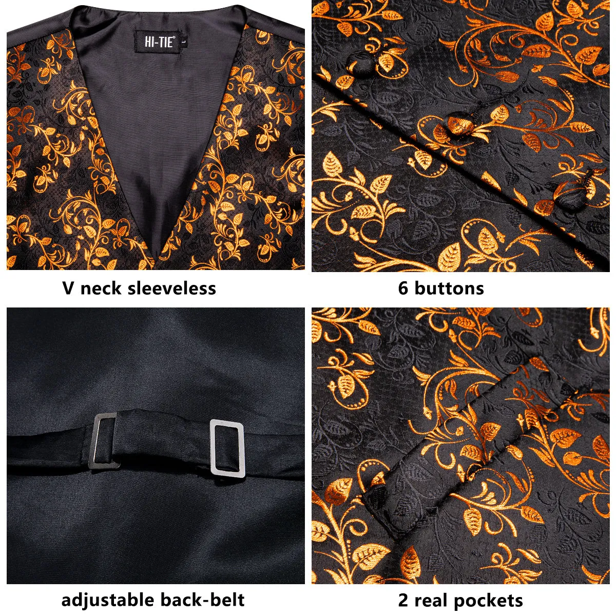 Hi-Tie Black Golden Leaves Silk Men's Vest Hanky Cufflinks Tie Set Waistcoat Suit Set