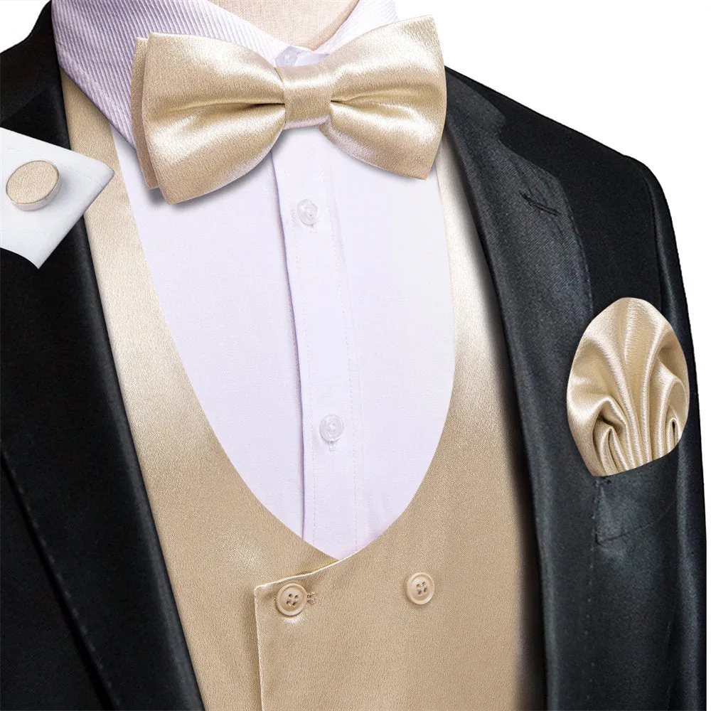 Hi-Tie Champagne Solid U-Neck Double-Breasted Vest Necktie Bowtie Set