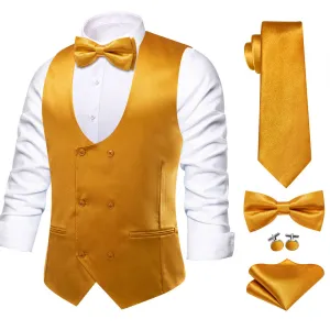 Hi-Tie Harvest Gold Solid U-Neck Double-Breasted Vest Necktie Bowtie Set