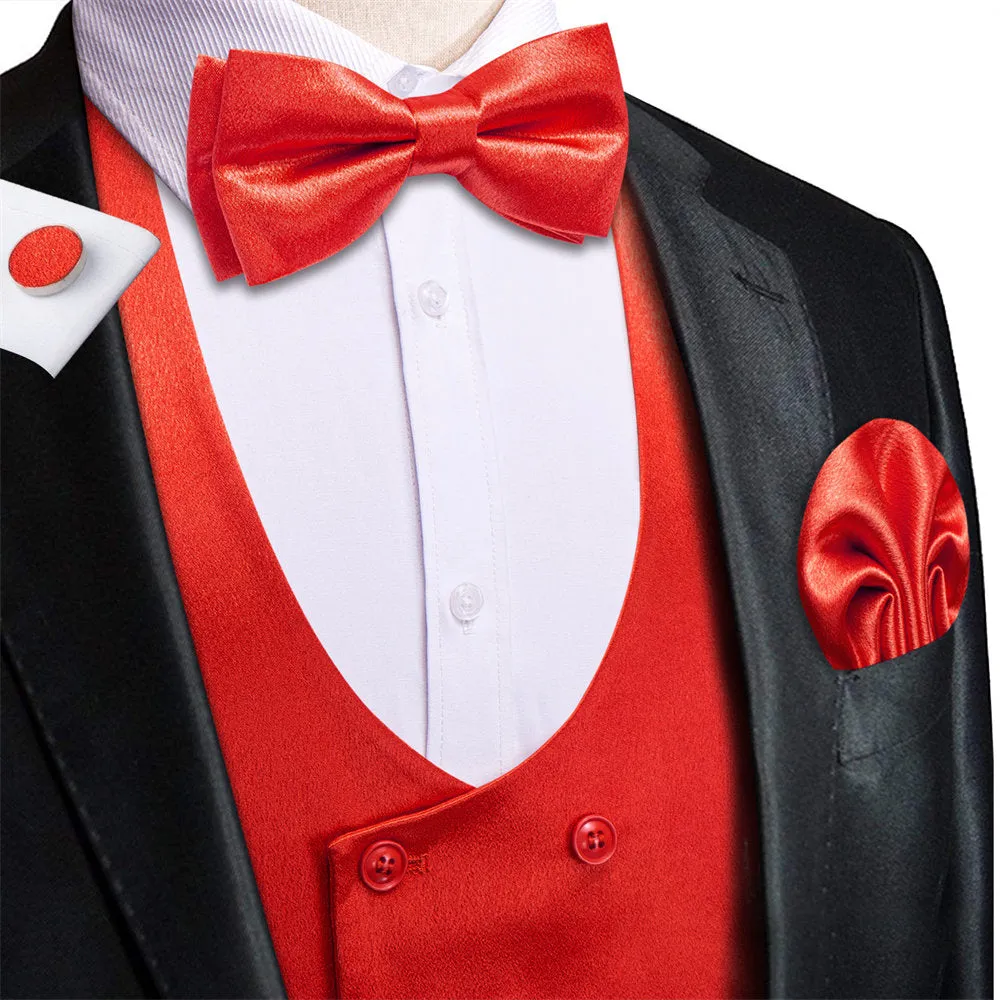 Hi-Tie Venetian Red Solid U-Neck Double-Breasted Vest Necktie Bowtie Set