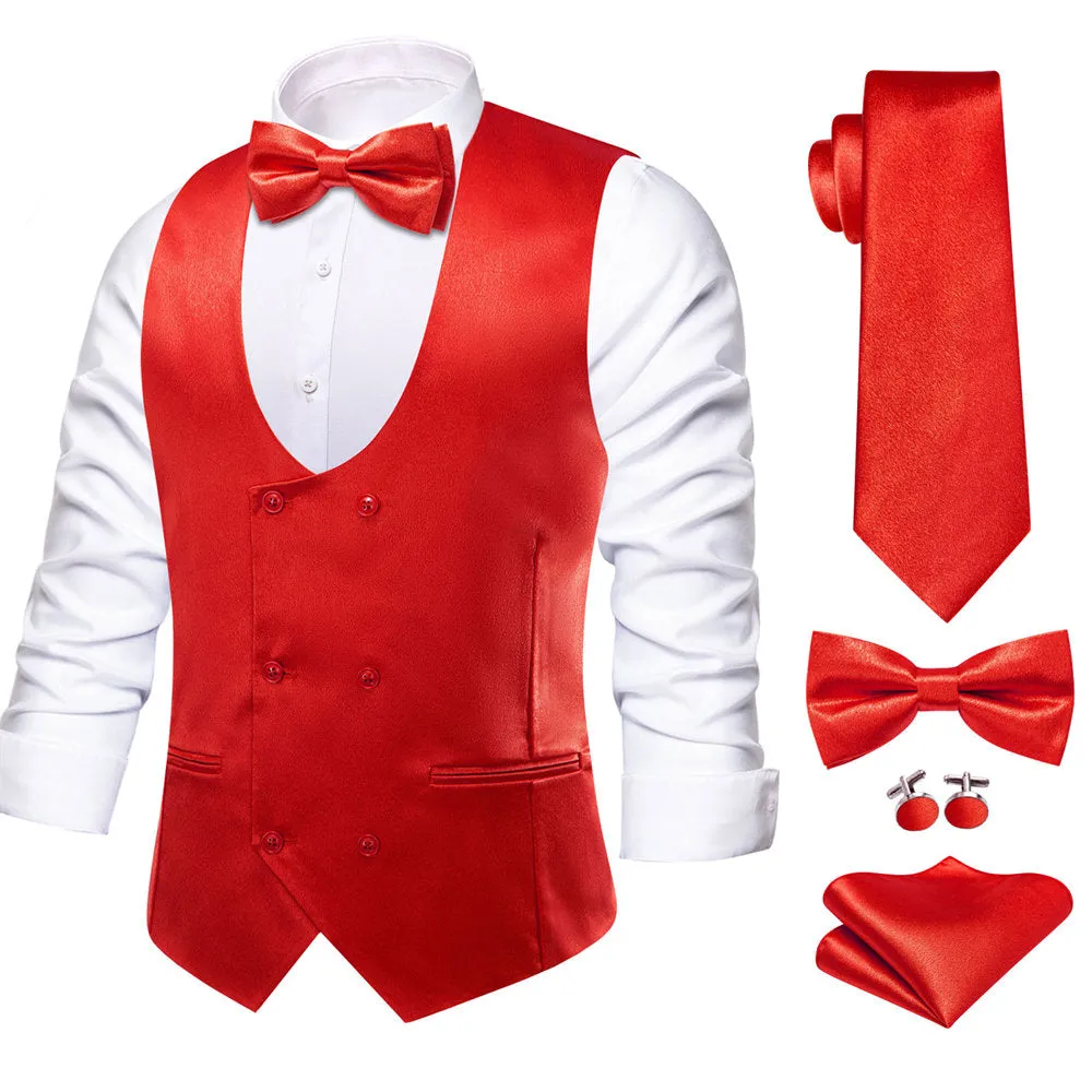 Hi-Tie Venetian Red Solid U-Neck Double-Breasted Vest Necktie Bowtie Set