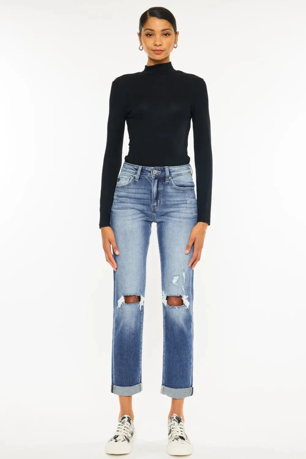 High Waist Distressed Hem Detail Cropped Straight Jeans