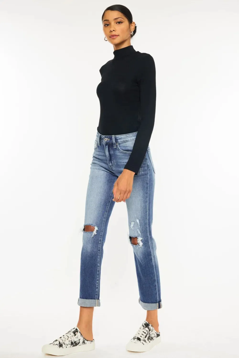 High Waist Distressed Hem Detail Cropped Straight Jeans