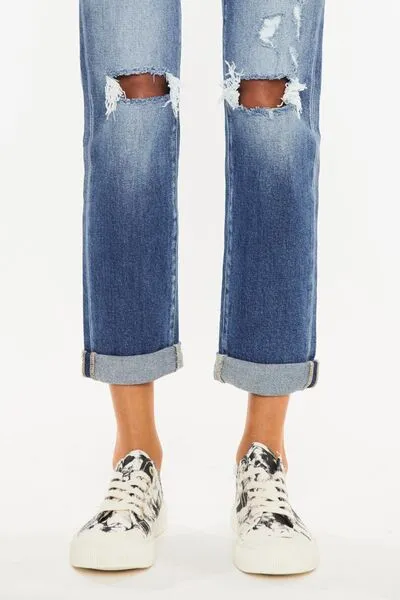 Kancan High Waist Distressed Hem Detail Cropped Straight Jeans (Online)