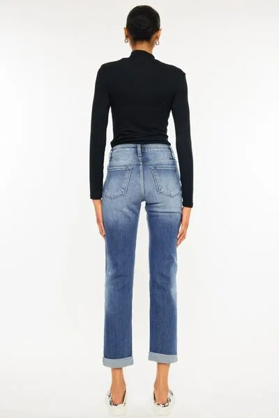 Kancan High Waist Distressed Hem Detail Cropped Straight Jeans (Online)