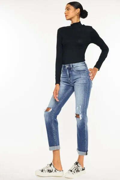 Kancan High Waist Distressed Hem Detail Cropped Straight Jeans (Online)