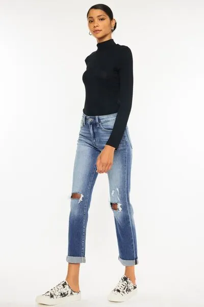 Kancan High Waist Distressed Hem Detail Cropped Straight Jeans (Online)