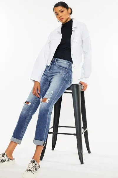 Kancan High Waist Distressed Hem Detail Cropped Straight Jeans (Online)