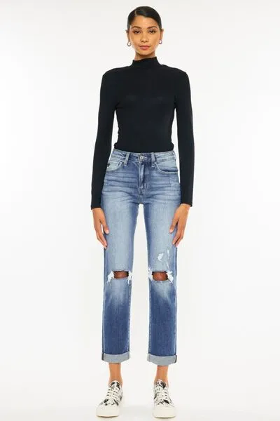 Kancan High Waist Distressed Hem Detail Cropped Straight Jeans (Online)