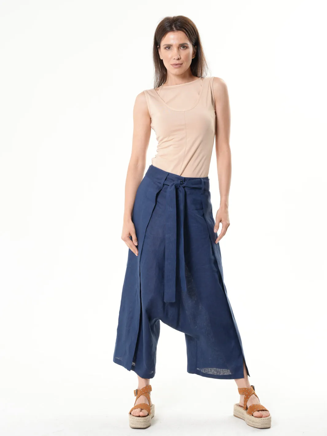 Linen Drop-Crotch Pants In Black