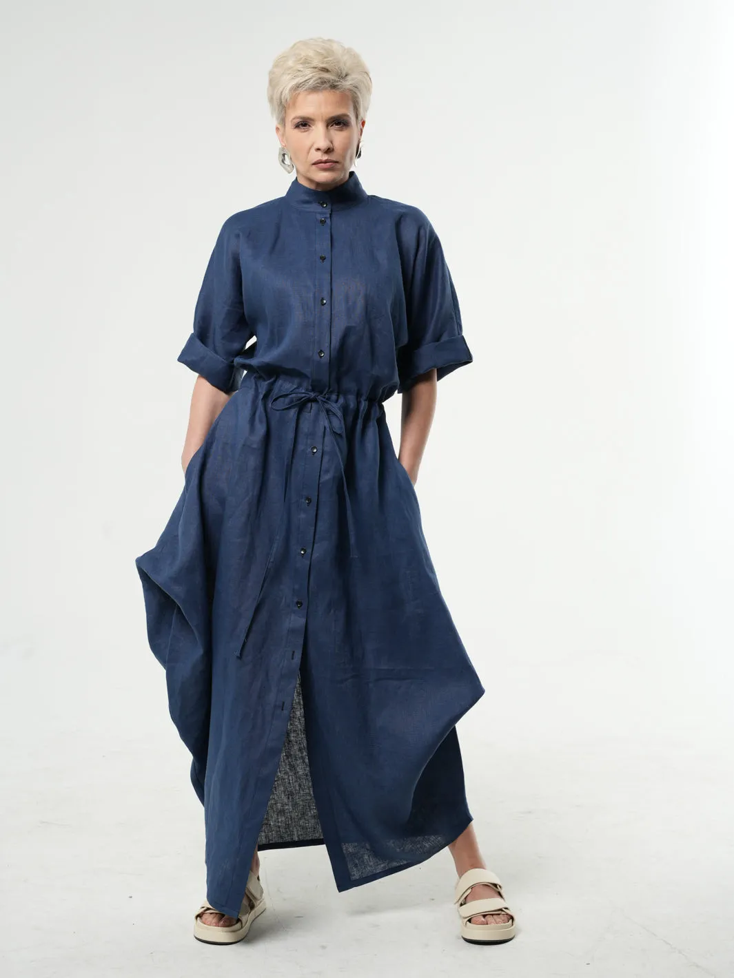 Long Linen Shirt Dress In Blue