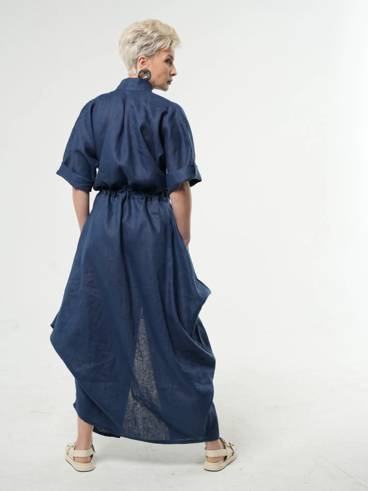 Long Linen Shirt Dress In Blue