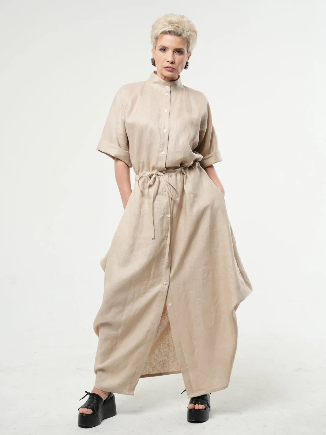 Long Linen Shirt Dress In Blue