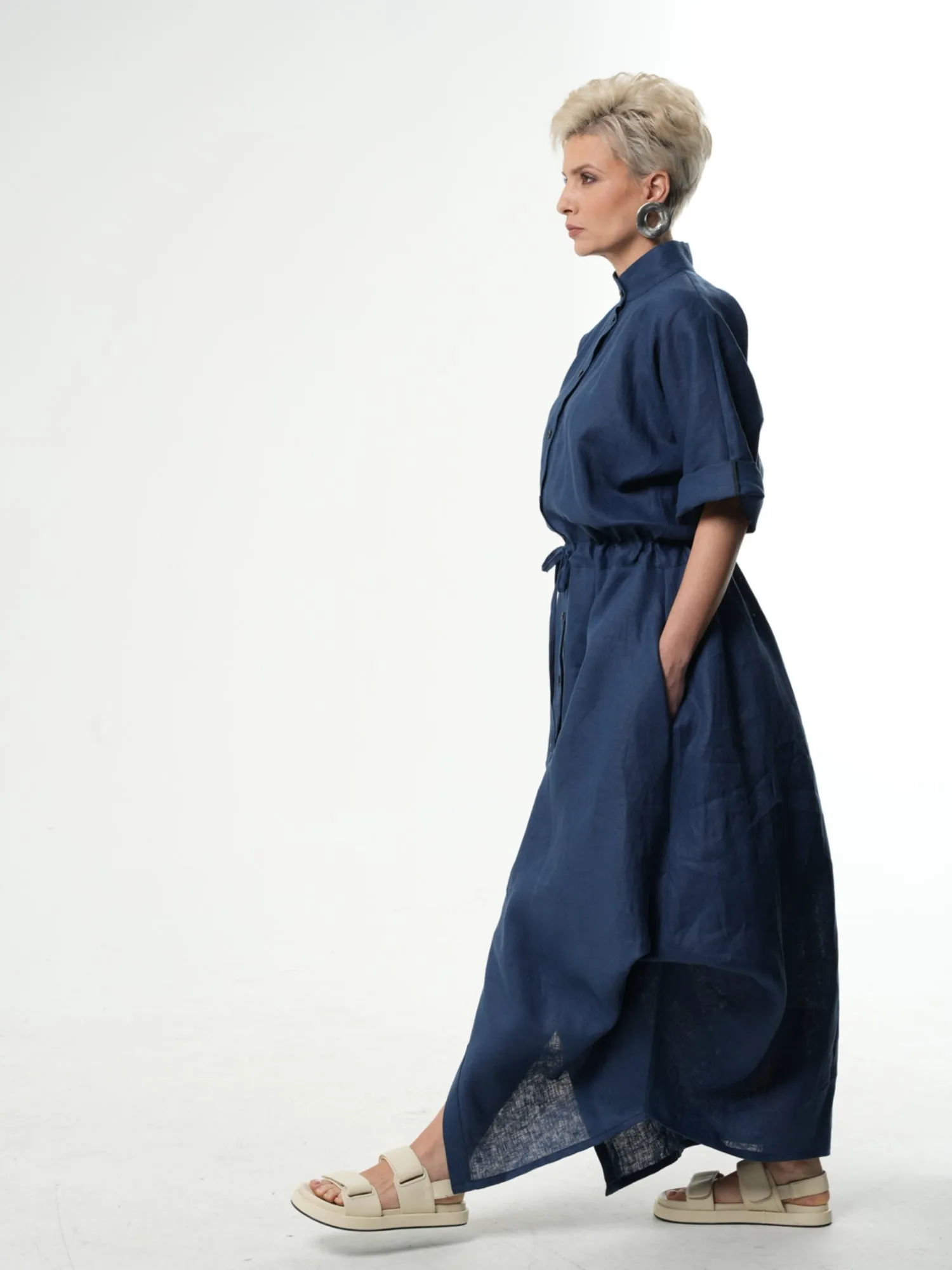 Long Linen Shirt Dress In Blue