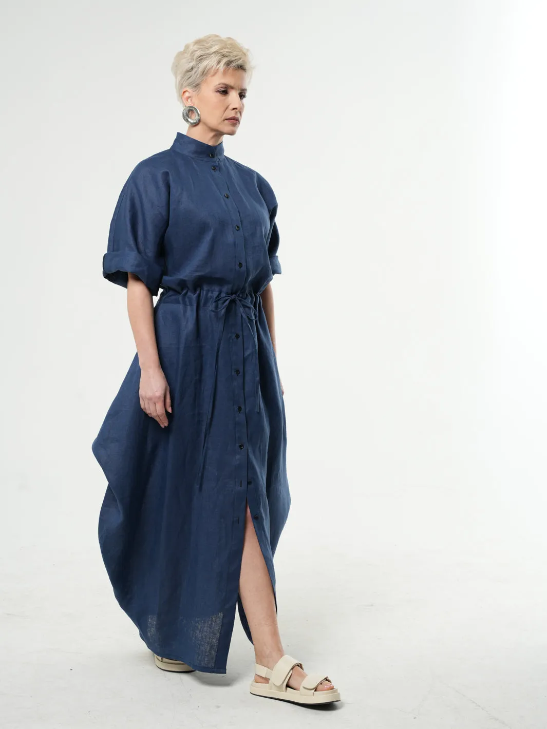 Long Linen Shirt Dress In Blue