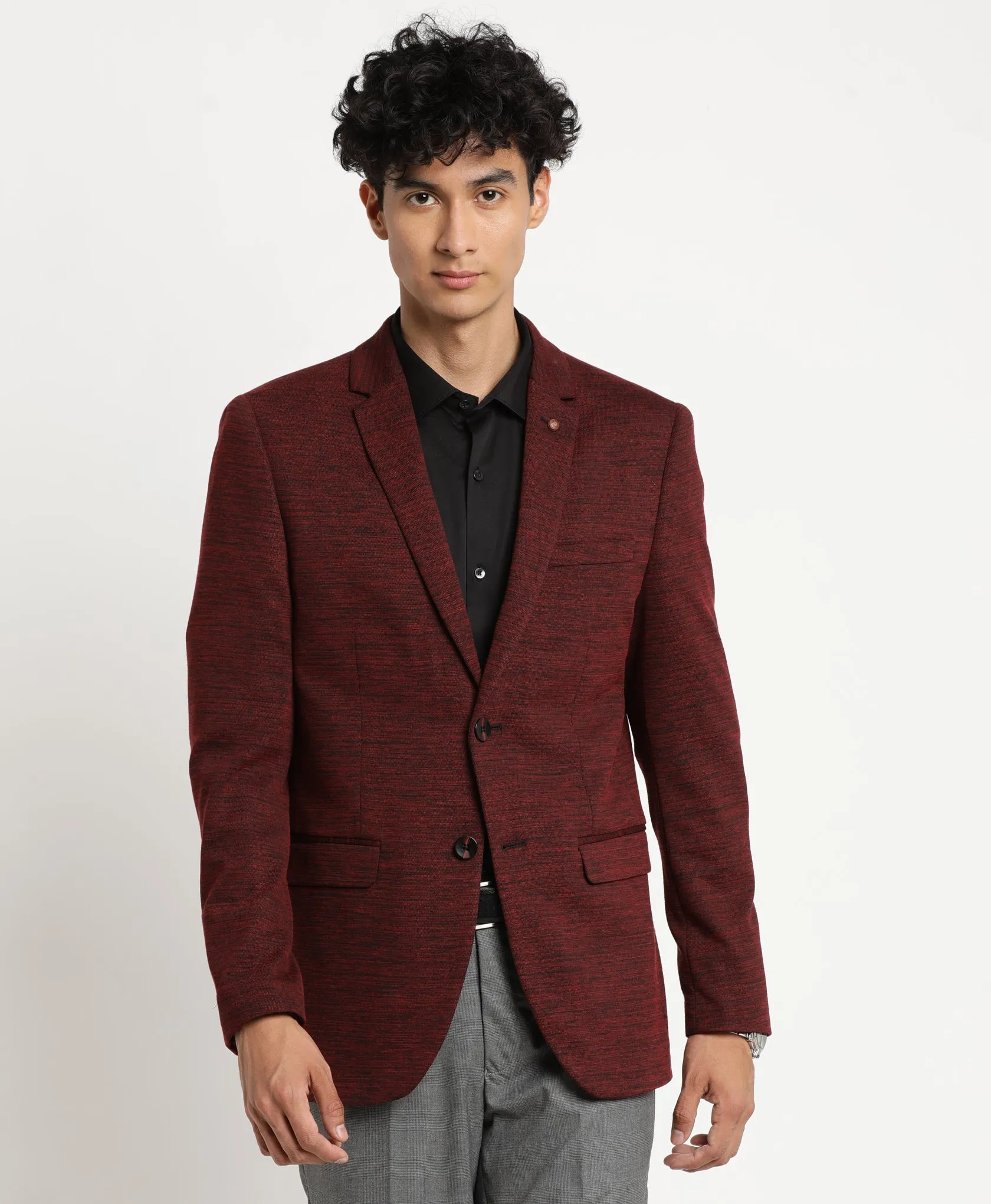 Maroon Knitted Self Design Casual Blazer