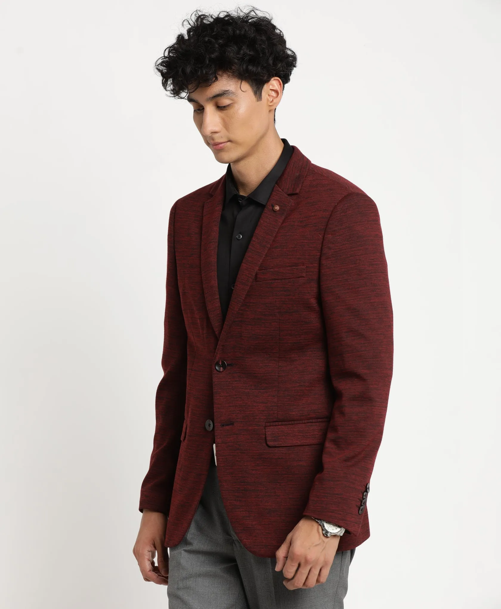 Maroon Knitted Self Design Casual Blazer