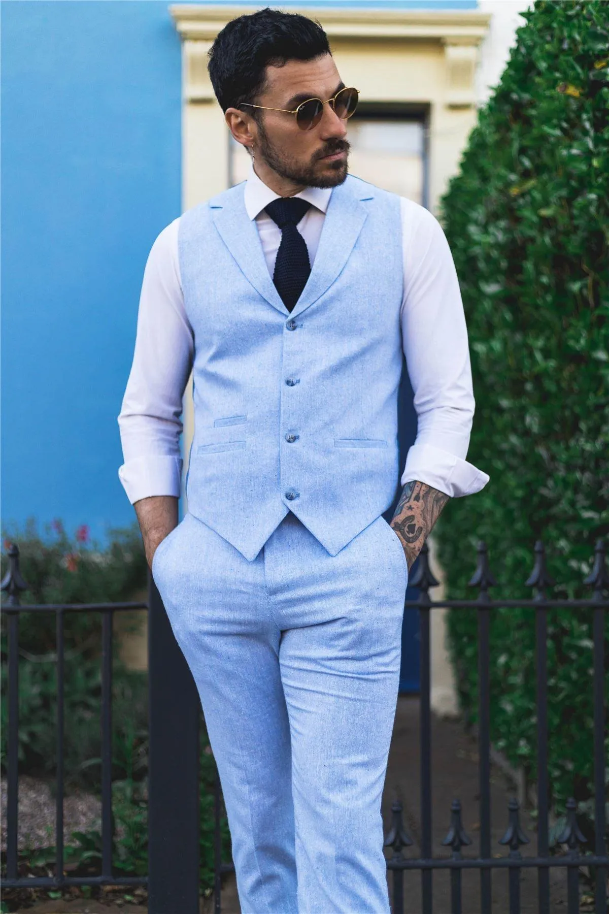 Mens Summer Suit Waistcoat Trousers Linen Smart Formal Baby Blue Wedding