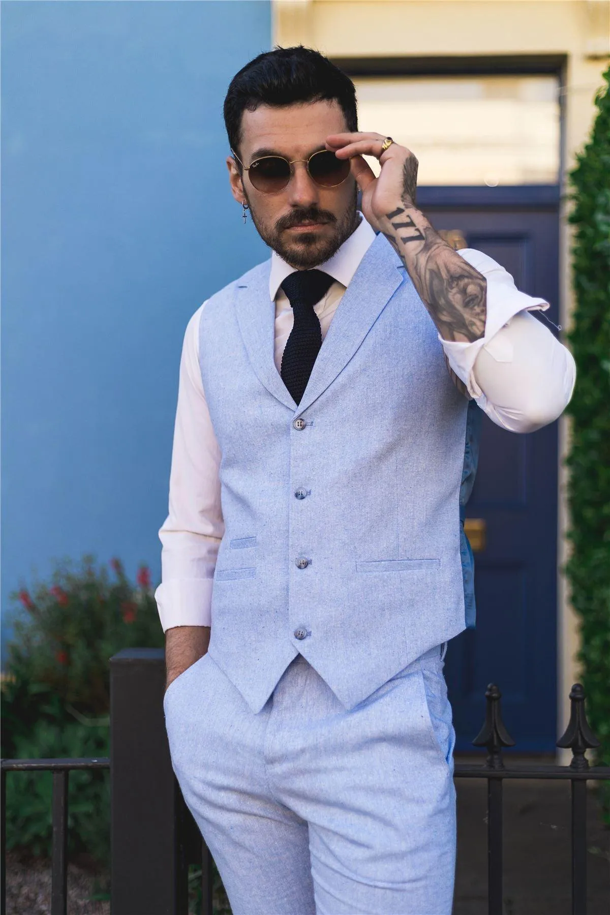 Mens Summer Suit Waistcoat Trousers Linen Smart Formal Baby Blue Wedding