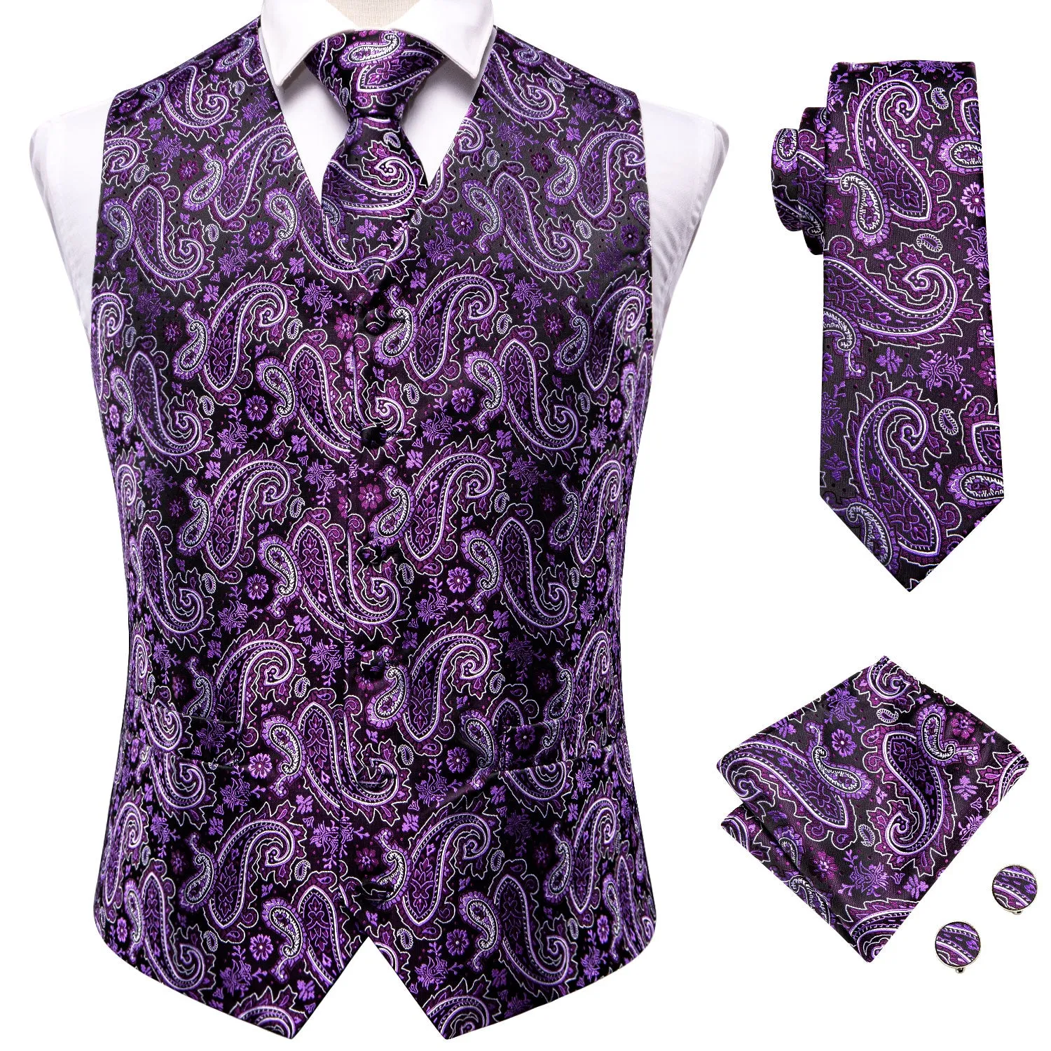 Purple Paisley Floral Silk Men's Vest Hanky Cufflinks Tie Set Waistcoat Suit Set