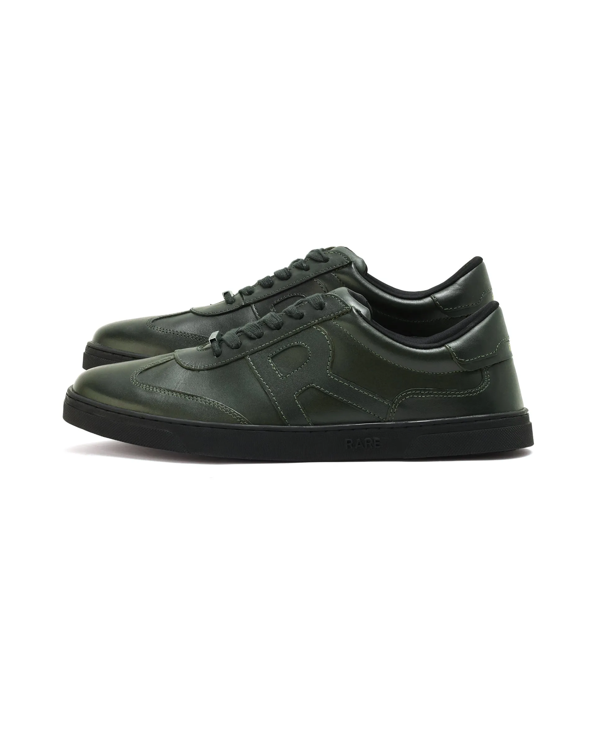 Rare Rabbit Mens Merc Dark Green Round Toe Genuine Leather Lace Up Low Top Sneaker Shoes