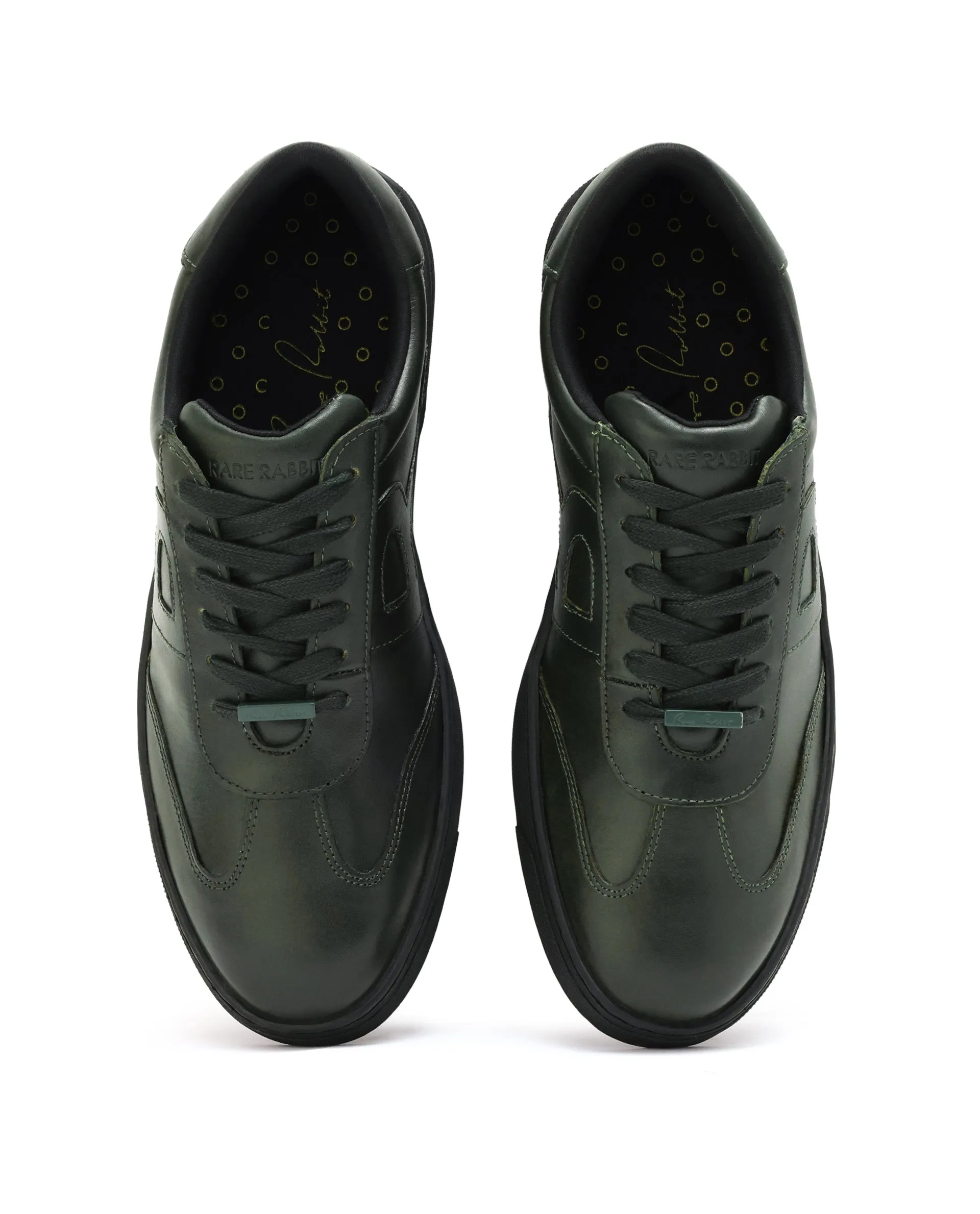 Rare Rabbit Mens Merc Dark Green Round Toe Genuine Leather Lace Up Low Top Sneaker Shoes