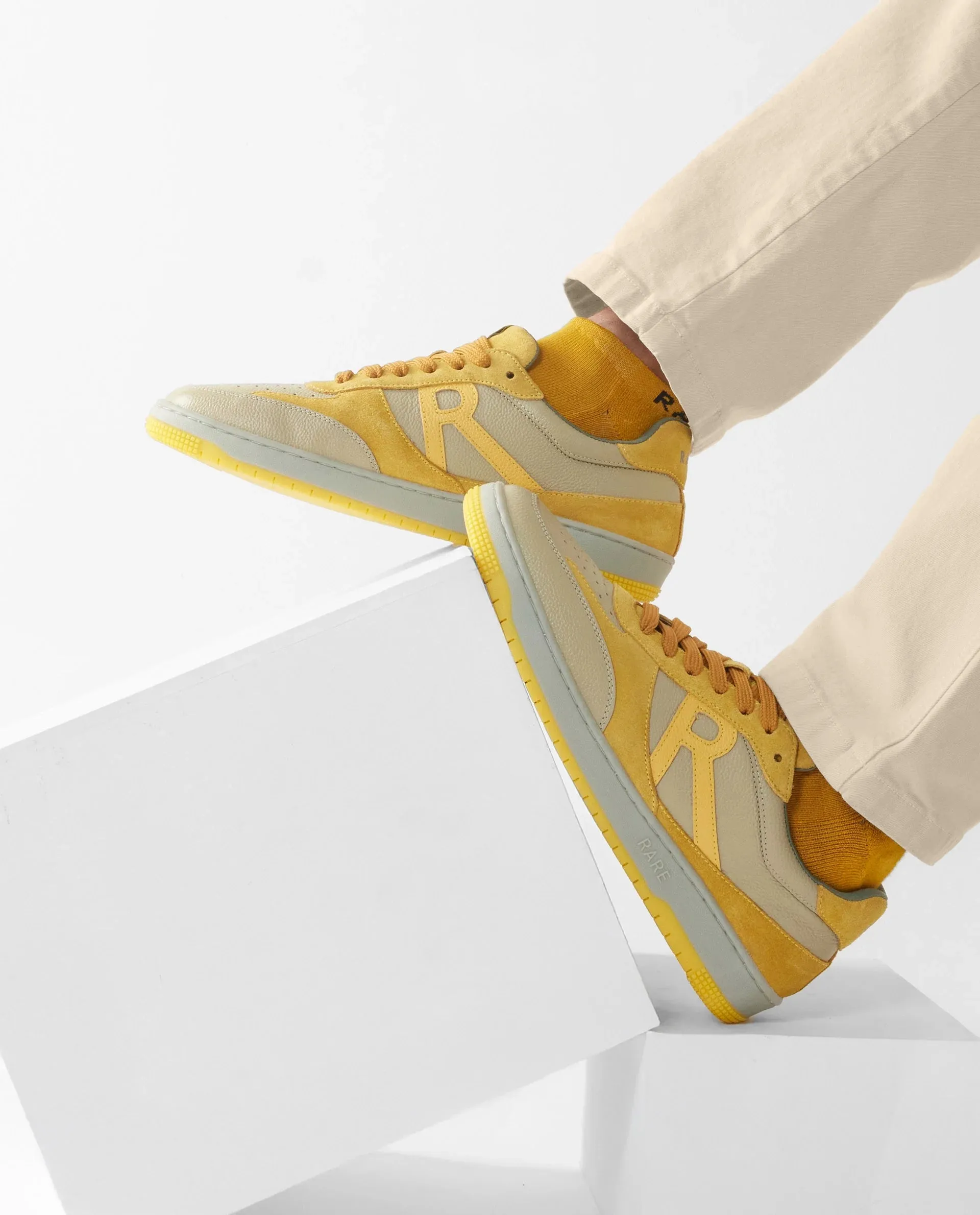 Rare Rabbit Men's Parallax Sage/Yellow Genuine Suede Colorblock Low-Top Lace-Up Sneaker Shoes