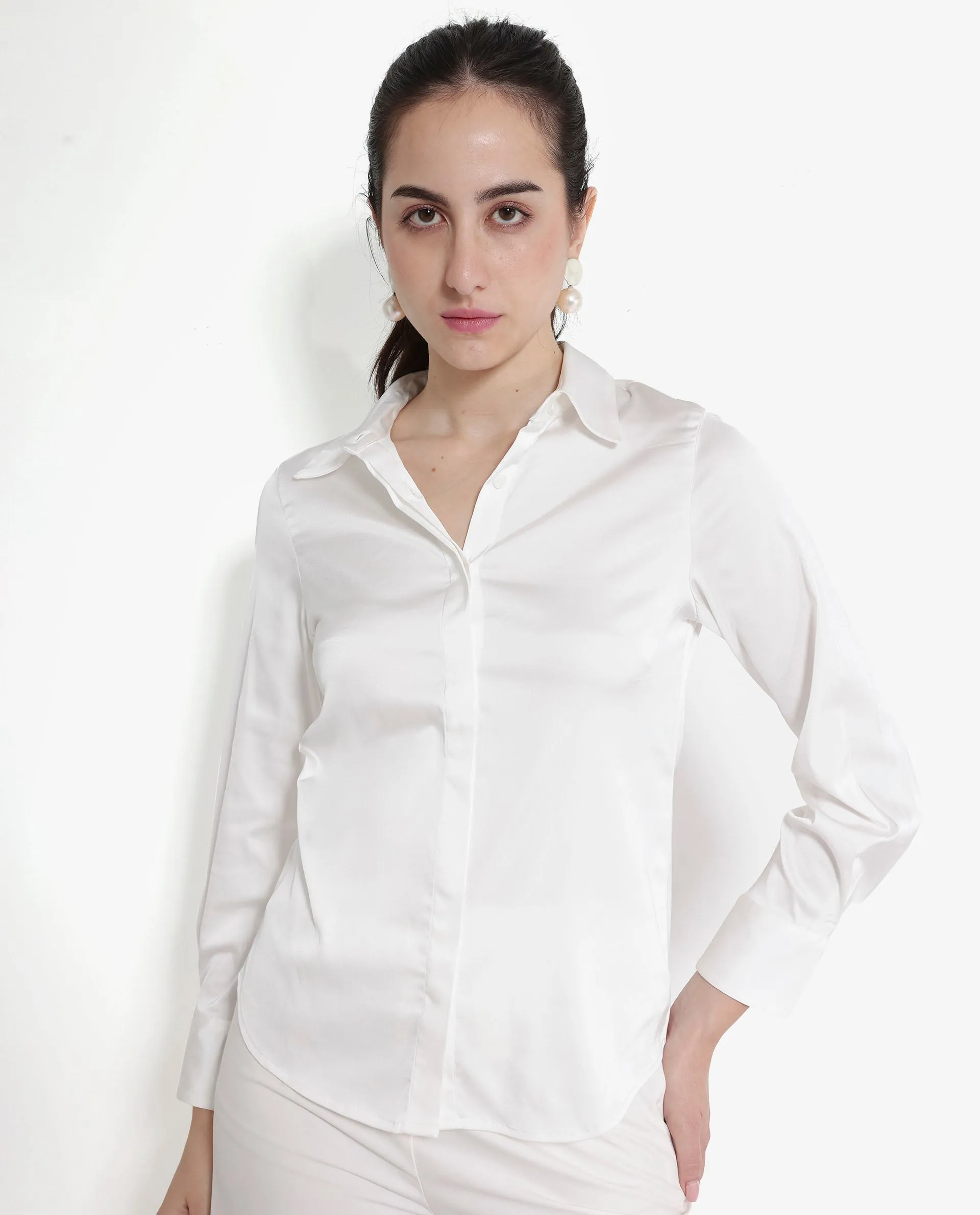 Rareism Women Haipe White Cuffed Sleeve Regular Collar Plain Shirt