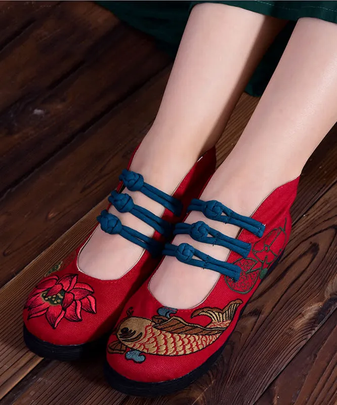 Red Embroideried Asymmetrical Design Buckle Strap Ballet Flats Shoes