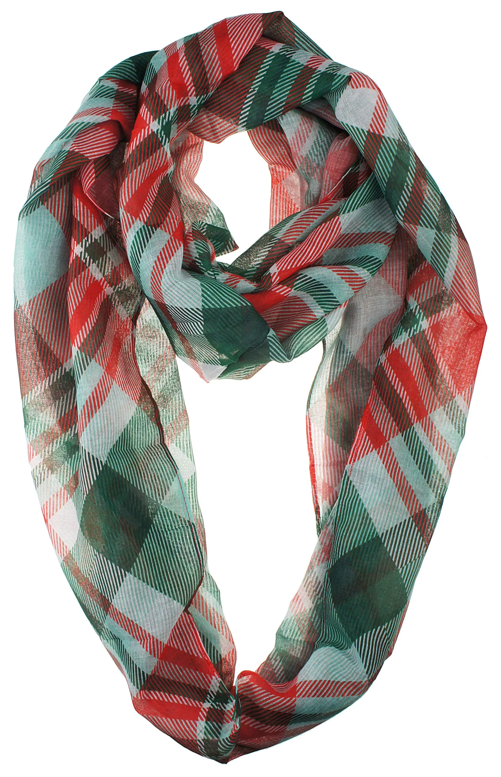 Soft Light Weight Christmas Holiday Plaid Tartan Sheer Infinity Scarf