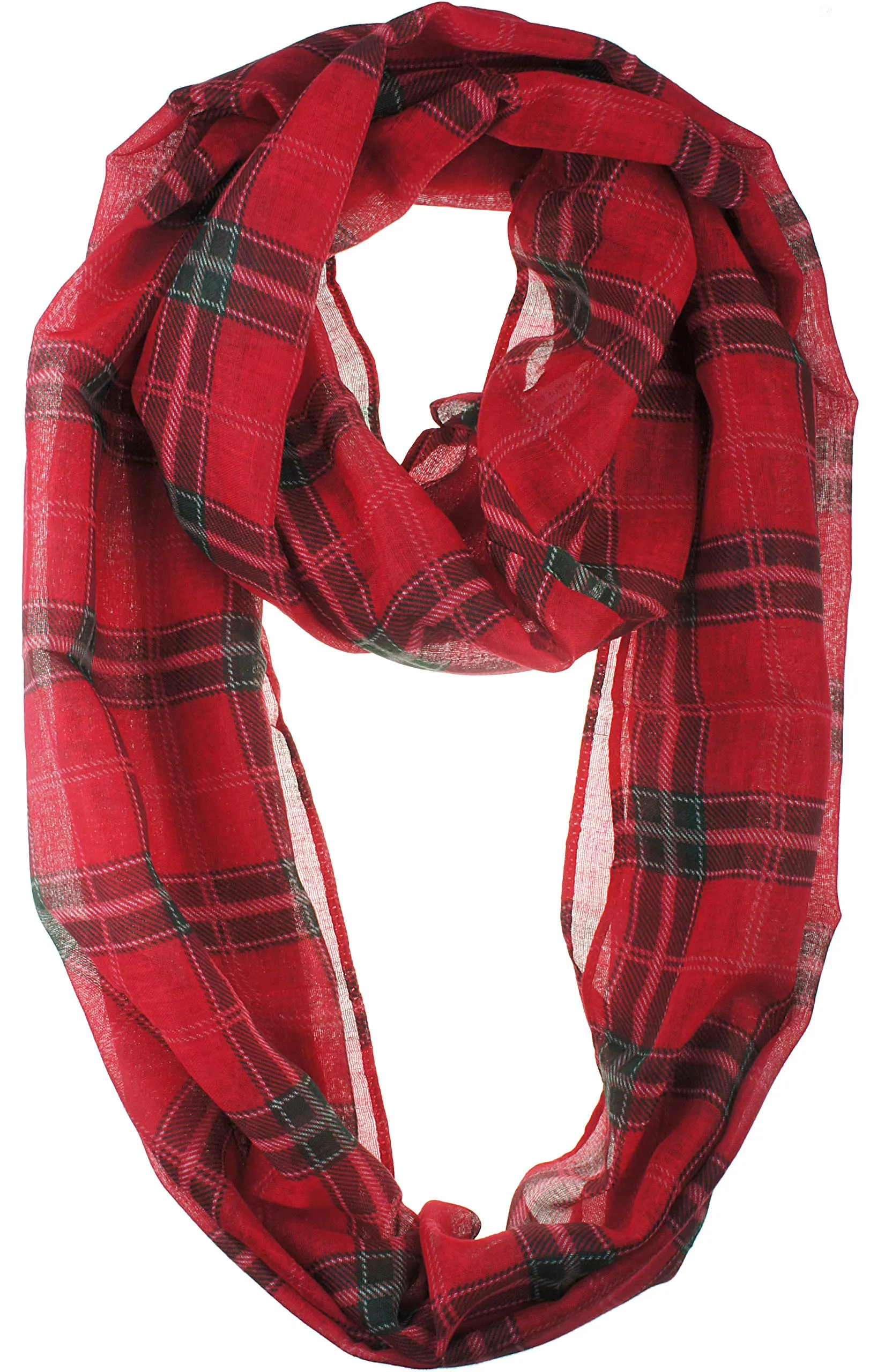 Soft Light Weight Christmas Holiday Plaid Tartan Sheer Infinity Scarf